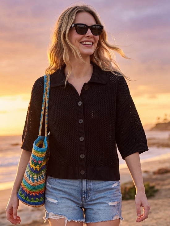 Madewell Tops - Madewell 100% cotton loose black knit short sleeve button up cardigan S/M